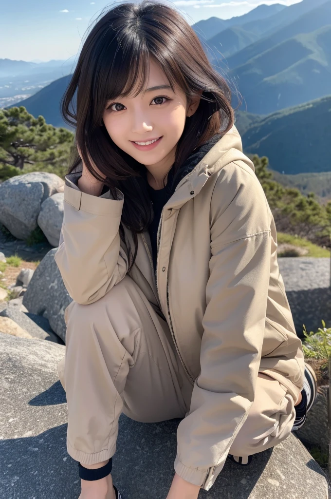 最high quality,Very detailed,finely,High resolution,8K壁紙,Perfect dynamic composition,Young Japanese Woman,Age 25, Black Hair, thin, 4K, 8K, high quality, beauty, smile, Beautiful Eyes, Characterized by simplicity, High resolution,1 person,Japanese Idols,Slender body,Seduce,Mountain climbing,Mountain parka