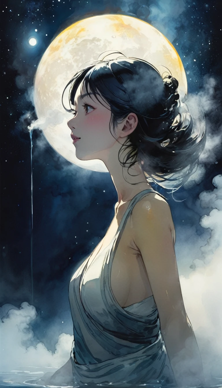 (space onsen style: 1.3), Fantasy onsen in outer space, Wonder, discomfort, healing, Two women, beautiful, cool, a fun day, Hidden hot springs, (Rembrandt lighting: 1.2), embarrassing, dark night, fog , midnight, dark night, (fog: 1.4), moon, Close-up of the upper body, a little sweat, perfect anatomy, Artistic and memorable masterpieces, moments from history, (steam: 1.6), a little sweat, Strong wind blowing, from behind, from below, (fantastic and fascinating landscapes) Watercolor: 1.4, Delicate, Detail, Masterpiece, (masterpiece: 1.2), (best quality: 1.2), details newer and more intricate (art inspired by Bill Sienkiewicz). oil painting)