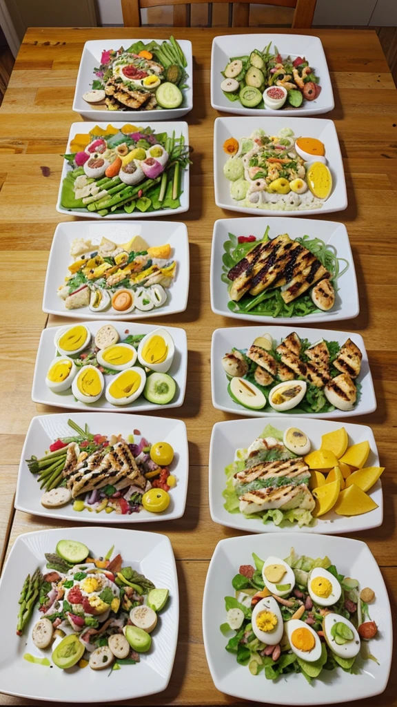 Colorful and Varied Keto Lunch Platter: A beautifully arranged platter with various keto-friendly foods, such as avocado, bacon-wrapped asparagus, deviled eggs, colorful salads, and grilled chicken. The vibrant colors and variety will catch the viewer’s eye.