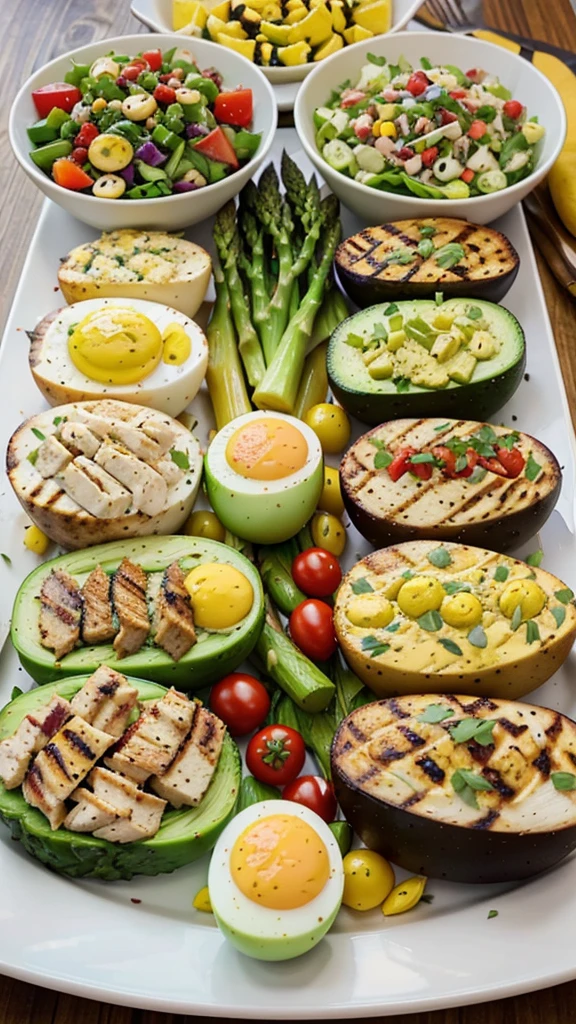 Colorful and Varied Keto Lunch Platter: A beautifully arranged platter with various keto-friendly foods, such as avocado, bacon-wrapped asparagus, deviled eggs, colorful salads, and grilled chicken. The vibrant colors and variety will catch the viewer’s eye.