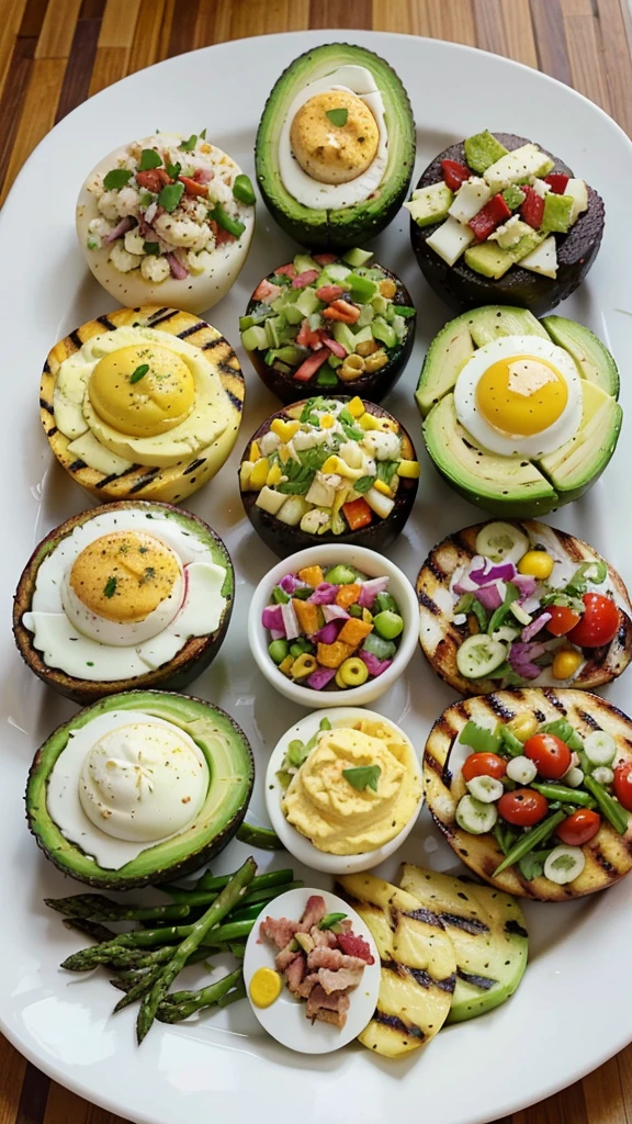 Colorful and Varied Keto Lunch Platter: A beautifully arranged platter with various keto-friendly foods, such as avocado, bacon-wrapped asparagus, deviled eggs, colorful salads, and grilled chicken. The vibrant colors and variety will catch the viewer’s eye.