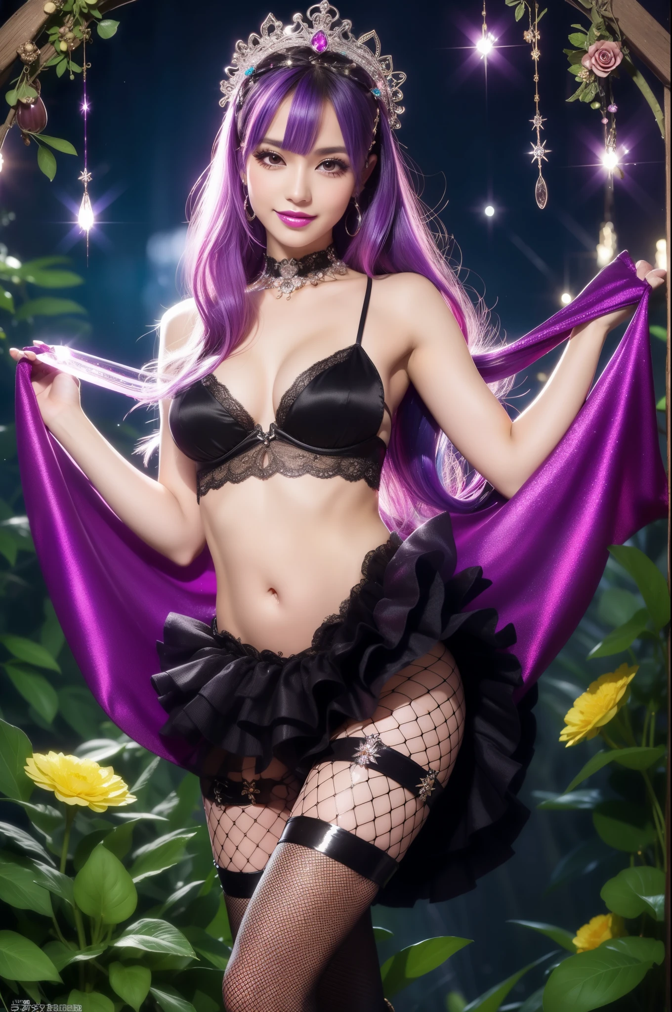 sexy Spanish model who controls poison、beautiful smile、lipgloss、long lashes、intense makeup、look at the camera、full body Esbian、、sparkling poisoned flower costume、、、、shiny sparkling multicolor hair、secrete poison、skull hair accessories、fishnet tights、shiny sparkling dark magic forest background