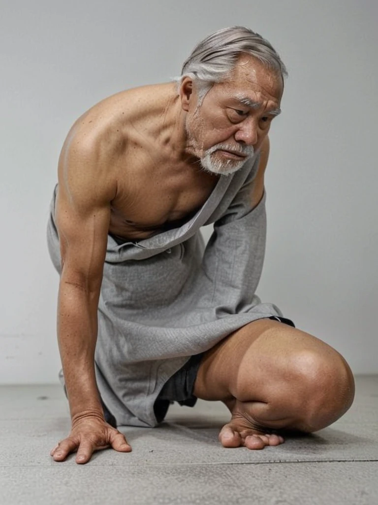 A grey-haired man searching for a contact lens that fell on the floor、whole body、Japanese、Side view angle、Side angle、