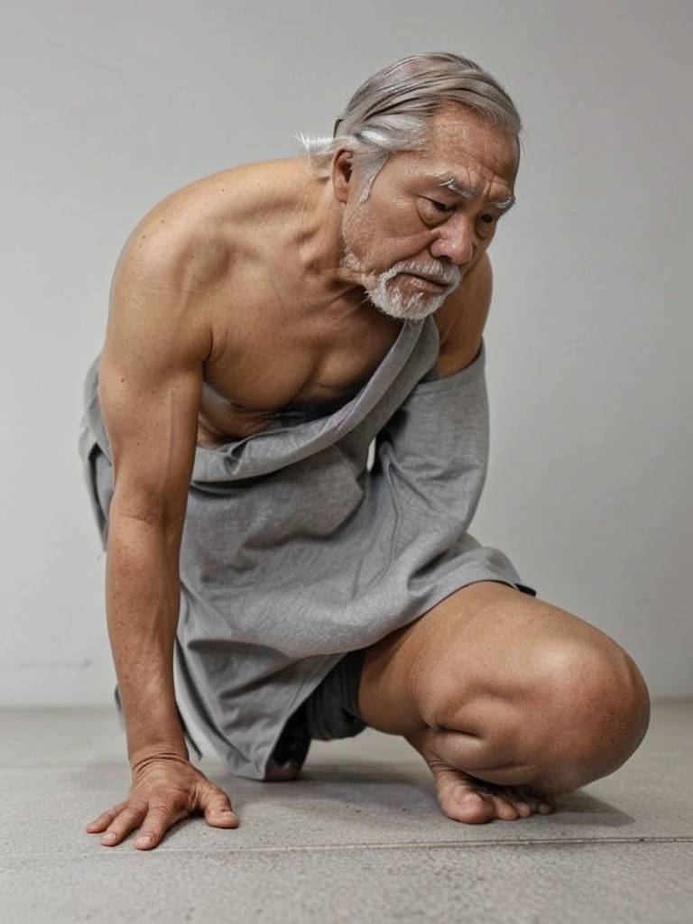 A grey-haired man searching for a contact lens that fell on the floor、whole body、Japanese、Side view angle、Side angle、
