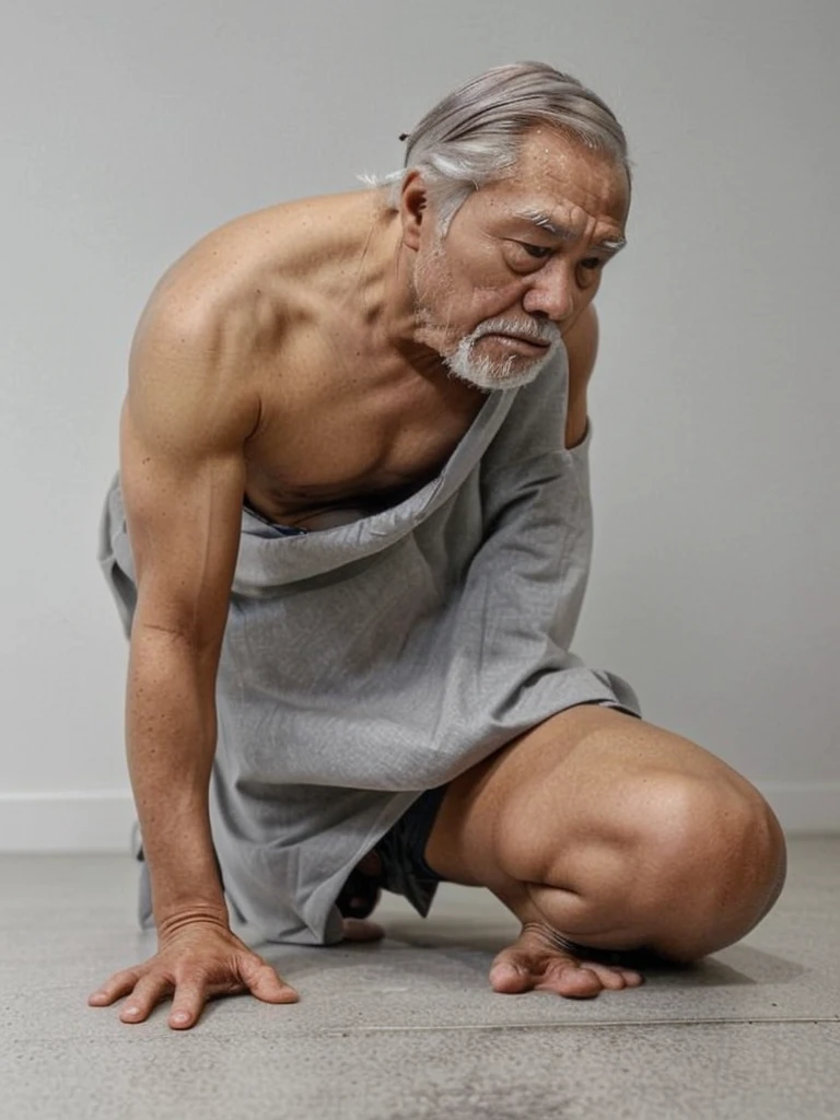 A grey-haired man searching for a contact lens that fell on the floor、whole body、Japanese、Side view angle、Side angle、