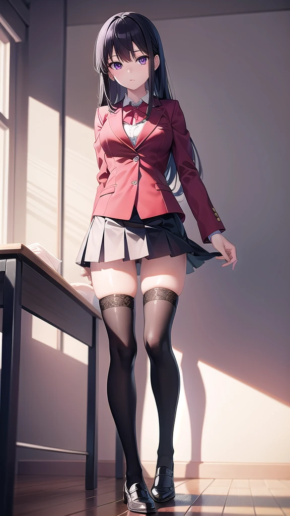 suzunehorikita, suzune horikita, black hair, braid, long hair, (purple eyes:1.1), BREAK advanced nurturing high , black thighhighs, blazer, bow, bowtie, buttons, jacket, long sleeves, pleated skirt, , thighhighs, white skirt, zettai ryouiki, (red blazer:1.5), BREAK looking at viewer, full body, BREAK indoors, classroom,school,soft lights, BREAK (masterpiece:1.2), best quality, high resolution, unity 8k wallpaper, (illustration:0.8), (beautiful detailed eyes:1.6), extremely detailed face, perfect lighting, extremely detailed CG, (perfect hands, perfect anatomy),standing in class, full body shot, from below, upskirt, showing panties,shy