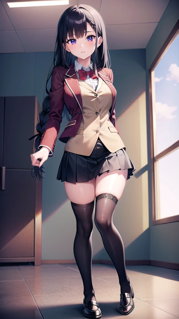 suzunehorikita, suzune horikita, black hair, braid, long hair, (purple eyes:1.1), BREAK advanced nurturing high , black thighhighs, blazer, bow, bowtie, buttons, jacket, long sleeves, pleated skirt, , thighhighs, white skirt, zettai ryouiki, (red blazer:1.5), BREAK looking at viewer, full body, BREAK indoors, classroom,school,soft lights, BREAK (masterpiece:1.2), best quality, high resolution, unity 8k wallpaper, (illustration:0.8), (beautiful detailed eyes:1.6), extremely detailed face, perfect lighting, extremely detailed CG, (perfect hands, perfect anatomy),standing in class, full body shot, from below, upskirt, showing panties,shy