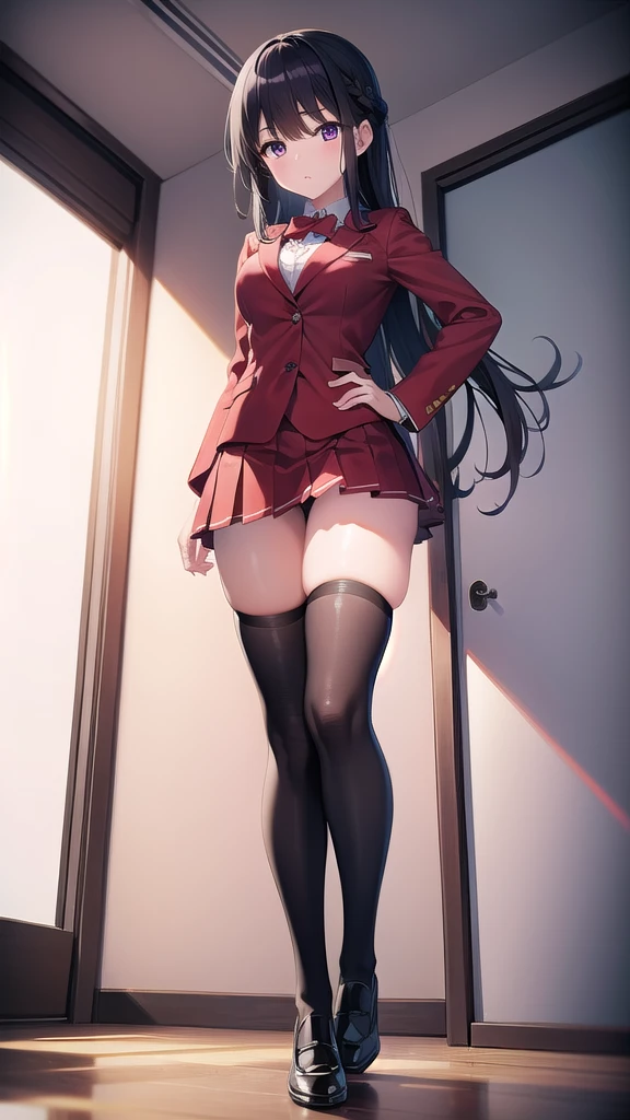 suzunehorikita, suzune horikita, black hair, braid, long hair, (purple eyes:1.1), BREAK advanced nurturing high , black thighhighs, blazer, bow, bowtie, ons, jacket, long sleeves, pleated skirt, , thighhighs, white skirt, zettai ryouiki, (red blazer:1.5), BREAK looking at viewer, full body, BREAK indoors, classroom,school,soft lights, BREAK (masterpiece:1.2), best quality, high resolution, unity 8k wallpaper, (illustration:0.8), (beautiful detailed eyes:1.6), extremely detailed face, perfect lighting, extremely detailed CG, (perfect hands, perfect anatomy),standing in class, full body shot, from below, upskowing panties,shy