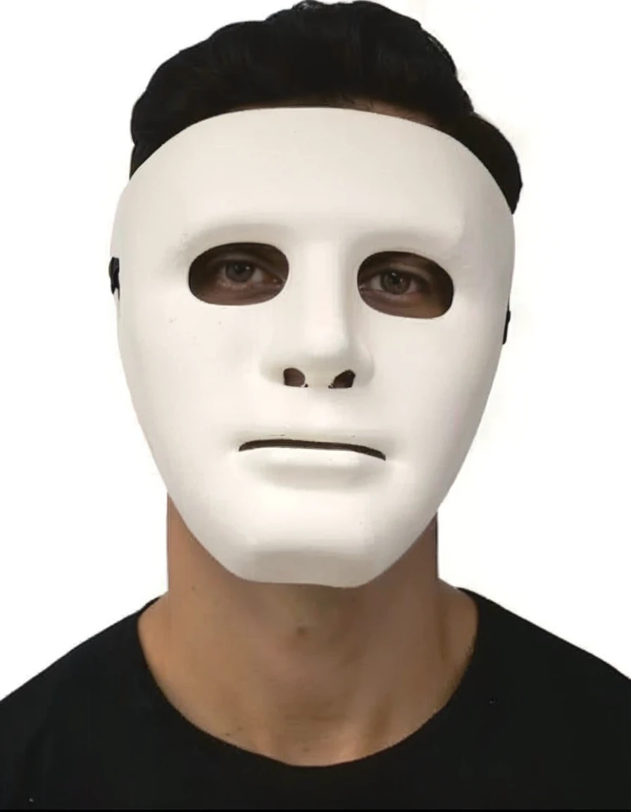 Man in white mask with hood and black blouse