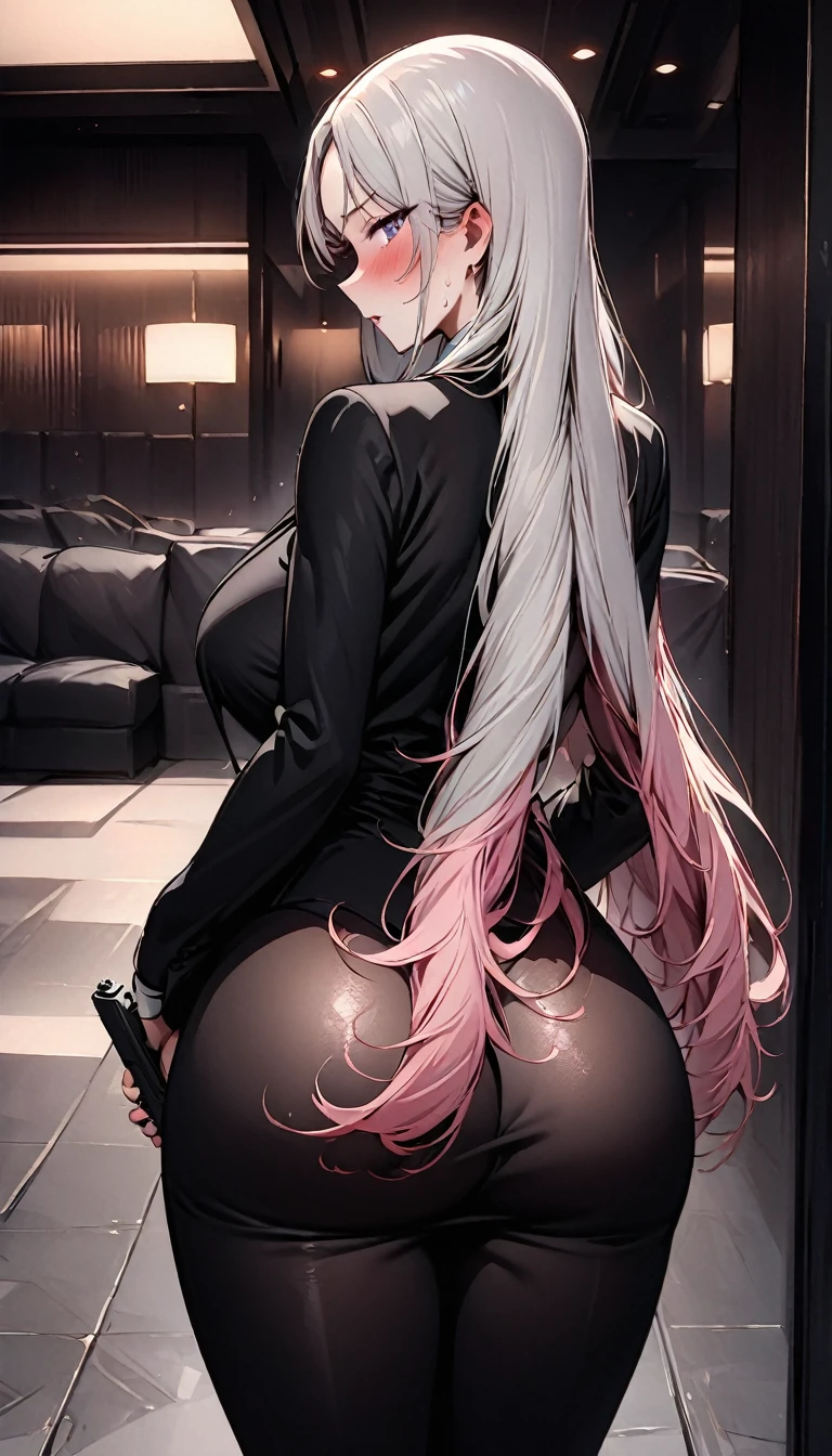 (masterpiece, best quality:1.2),Mafia background very detailed, 1 Girl with a Gun, Solitary,Exquisite hair color，curls，( Wear conservative clothing, Black Tie:1.2)get a pistol, ,radiant skin，A lot of sweat(  Very fair skin 1.2)，（（（Nervous expression）））blush，Mysterious atmosphere，Pink lipsb,  ( from behind), 