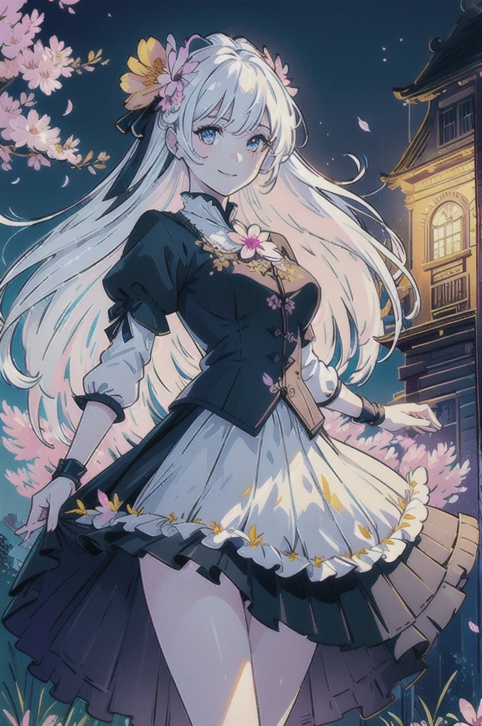 masterpiece, best quality,
1girl, (colorful),(finely detailed beautiful eyes and detailed face),cinematic lighting,bust shot,extremely detailed CG unity 8k wallpaper,white hair,solo,smile,intricate skirt,((flying petal)),(Flowery meadow)
sky, cloudy_sky, building, moonlight, moon, night, (dark theme:1.3), light, fantasy,