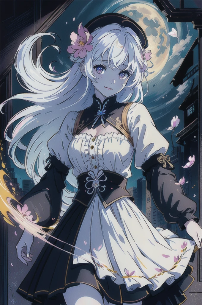 masterpiece, best quality,
1girl, (colorful),(finely detailed beautiful eyes and detailed face),cinematic lighting,bust shot,extremely detailed CG unity 8k wallpaper,white hair,solo,smile,intricate skirt,((flying petal)),(Flowery meadow)
sky, cloudy_sky, building, moonlight, moon, night, (dark theme:1.3), light, fantasy,