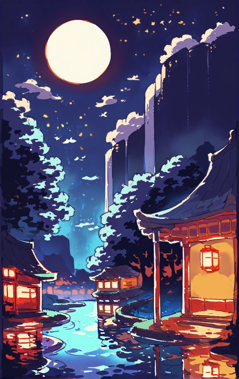 score_9,score_8_up,score_7_up,score_6_up,score_5_up,score_4_up outdoors,sky,water,tree,no humans,night,crescent moon,building,star (sky),night sky,scenery,architecture,house,east asian architecture