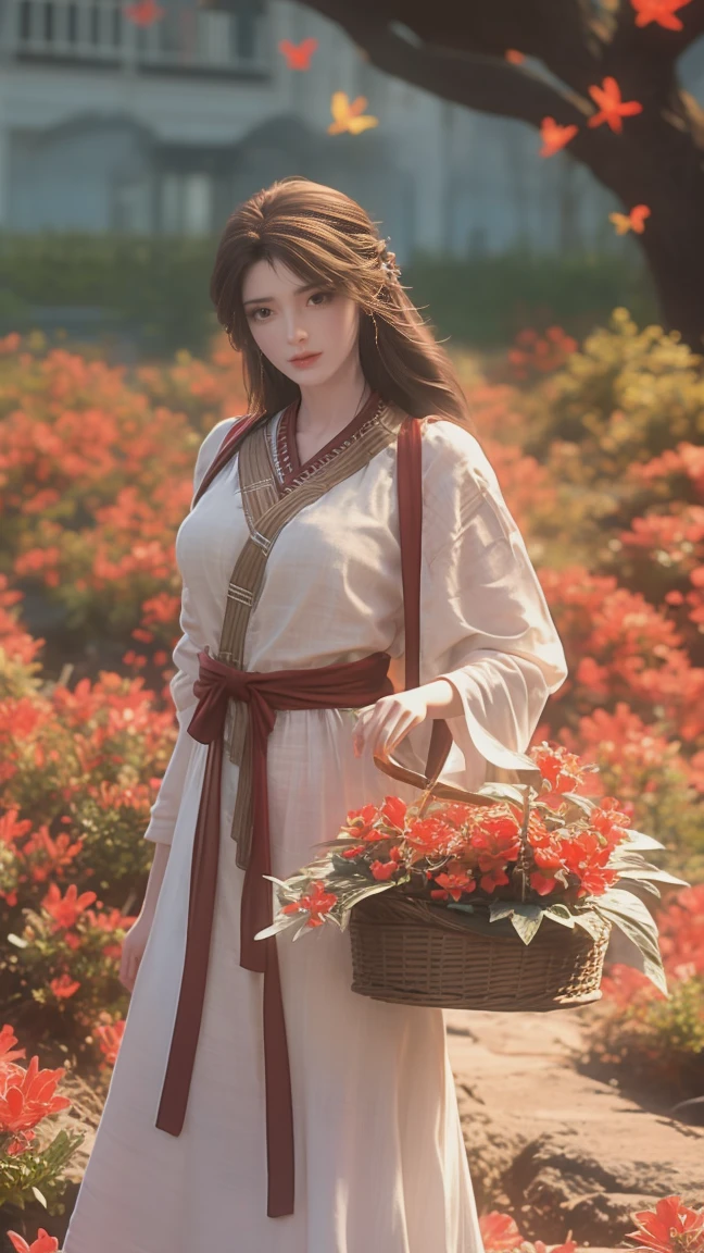 1girl, girl with long brown hair, smiling, cheerful, girl is standing among a wide expanse of flowers,girl posing gracefully , surrounded by beautiful flowers, Calm and peaceful atmosphere, night, moonlight , Beautiful glowing butterflies surround the girl lighting up the darkness of the night, magic,Romantic, the night breeze blows the Sepoi Sepoi girl's hair,