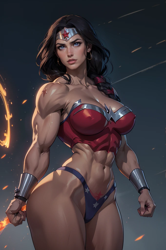 berserk woman, woman with ((((huge muscles)))), abs, rags, loincloth, snow mountain, winter, braids, ragged, tribal bodypaint, snowdrift,((1 lady))、masterpiece, ultra-detailliert, 8k, hiquality, Top image quality, digitial illustration, Seductive Anime Girl, ((Combative posing:1.4)), ((heavy weapons:1.4, armament:1.3))、((dynamism:1.3))、((dynamic angle:1.2))、((Hover effect:1.4)), Glossy realistic skin texture、shiny skin、seductive smile、Meticulously drawn hair, Meticulously drawn eye, Being in battle field、appearance Splash paint background in colors, ((bikini:1.3 crop top:1.3))、((crop top navel))、((highleg:1.3))、((huge hip:1.3))、((thick thighs))、curvy、((collarbone))、((cameltoe))、Sharp Focus, Precise human body structure、Smooth texture,( "A detailed image of Wonder Woman's face from DC Comics, inspired by classic comic books. She has strong and defined features, piercing and expressive eyes, long wavy dark hair, and a confident and courageous expression. Use vibrant colors and an artistic style that reflects comic book art, with well-defined shadows and details. The golden tiara with a red star in the center is an important highlight. The background should be neutral to focus on the iconic face of the heroin