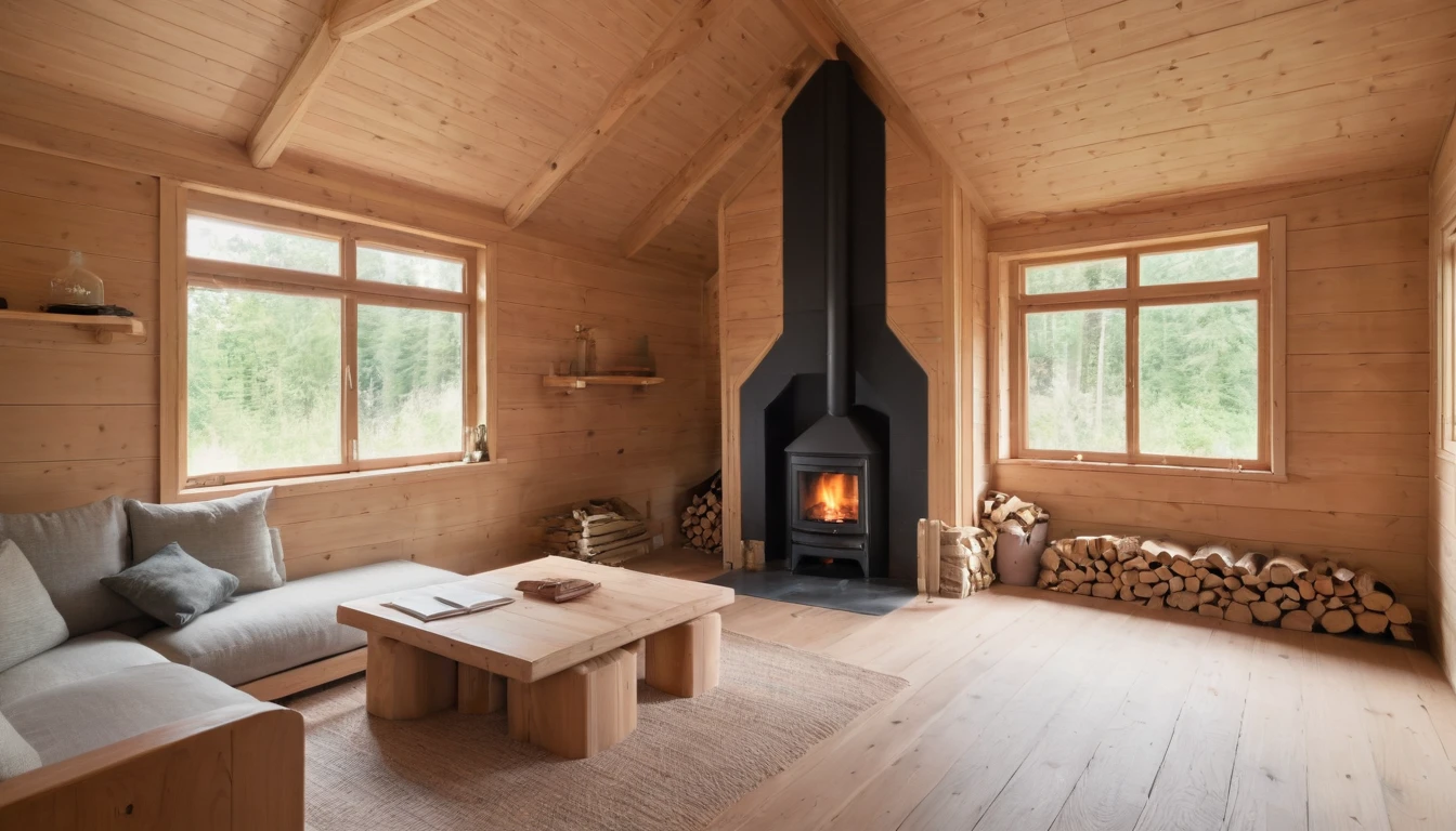 the living room of a house made of wood with a small fireplace in the right corner. an extremely calm and peaceful room.