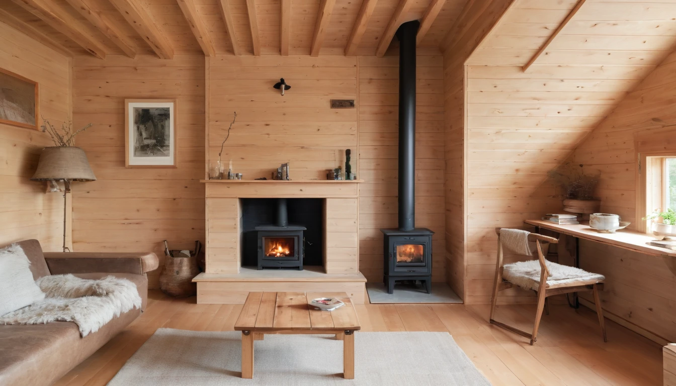 the living room of a house made of wood with a small fireplace in the right corner. an extremely calm and peaceful room.