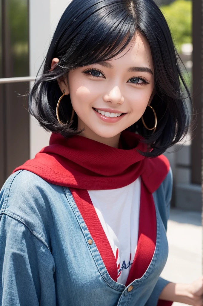 a welcoming with a warm smile. She wears comfortable and colorful clothes in shades of blue, red and white, with big black hair and is standing