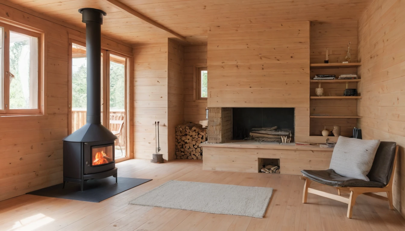 the living room of a house made of wood with a small fireplace in the right corner. an extremely calm and peaceful room.