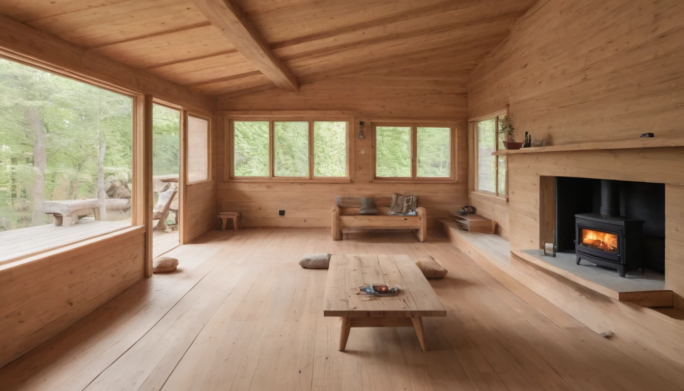 the living room of a house made of wood with a small fireplace in the right corner. an extremely calm and peaceful room.