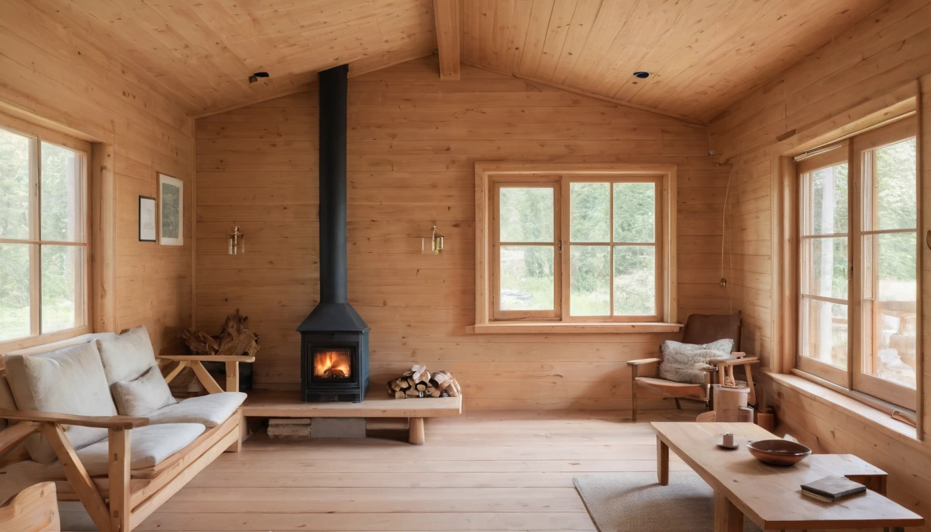 the living room of a house made of wood with a small fireplace in the right corner. an extremely calm and peaceful room.