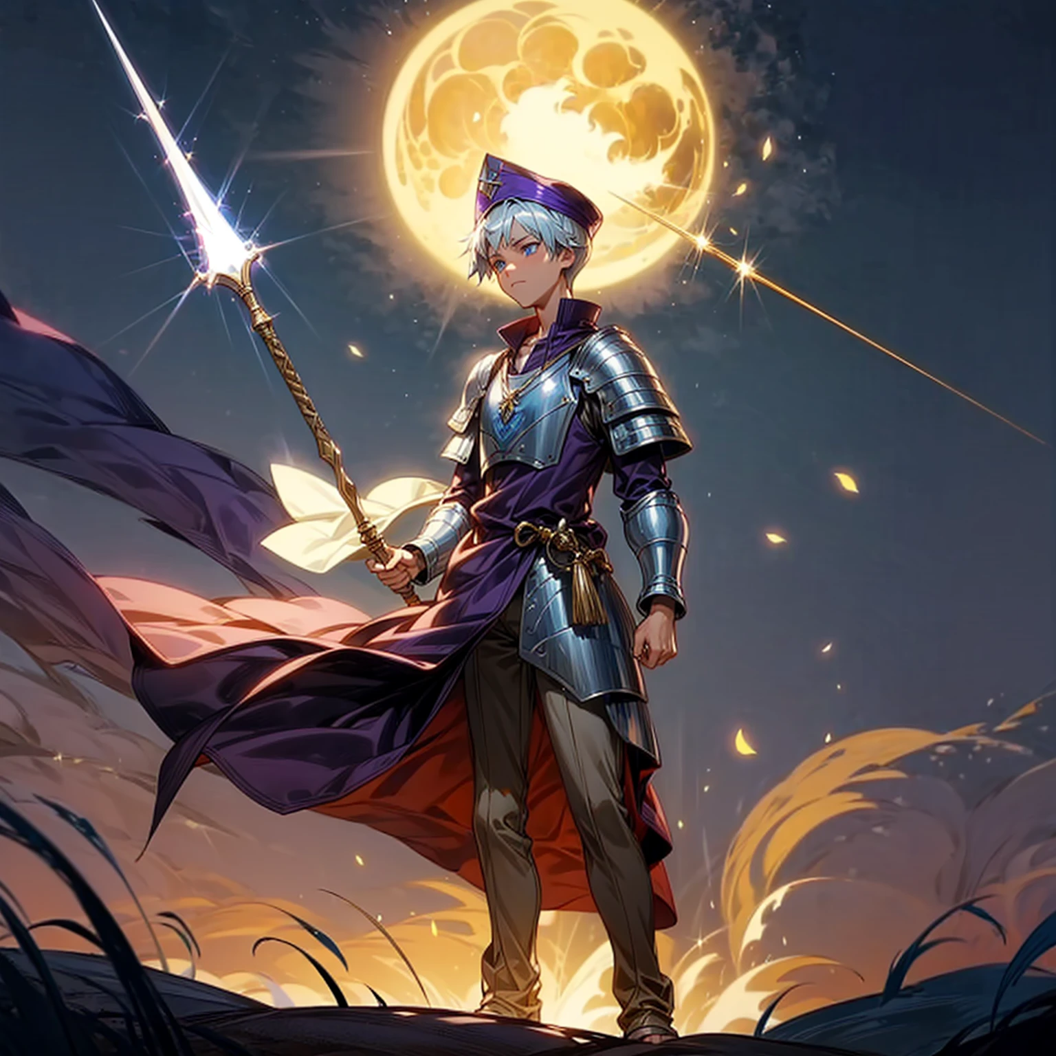 1boy, Full body version, 1character, blue eyes color, sad eyes, eyeliner, tan skin, classic fade haircut, almond eyes type, brown colour hair, medieval clothing style, breton hat, armor body, purple color clothing, silver necklaces, gold armor on hand, gold long spear in hand, Grassroots background in field town, motion blur, plasma, fire, in night, moon, lighting fire, lighting moon, battle gesture, lighting gold Spear,