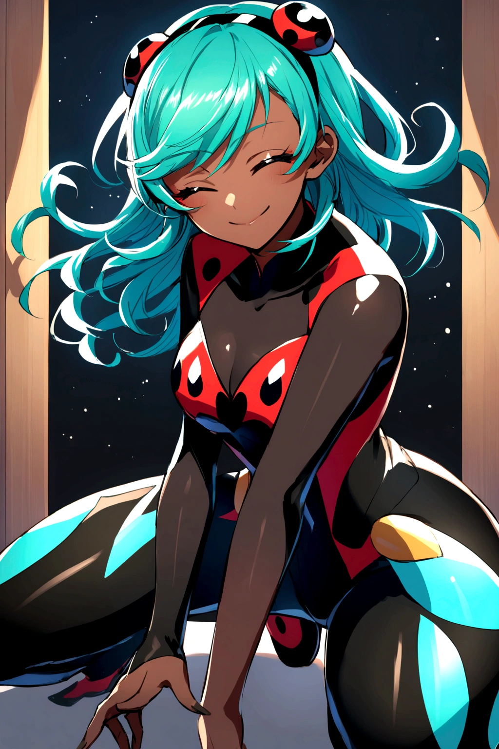 Miraculous Ladybug style girl, with eyes closed smiling, brown skin and aqua hair with normal black clothes