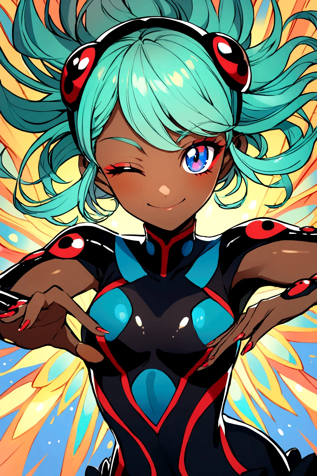 Miraculous Ladybug style girl, with eyes closed smiling, brown skin and aqua hair with normal black clothes