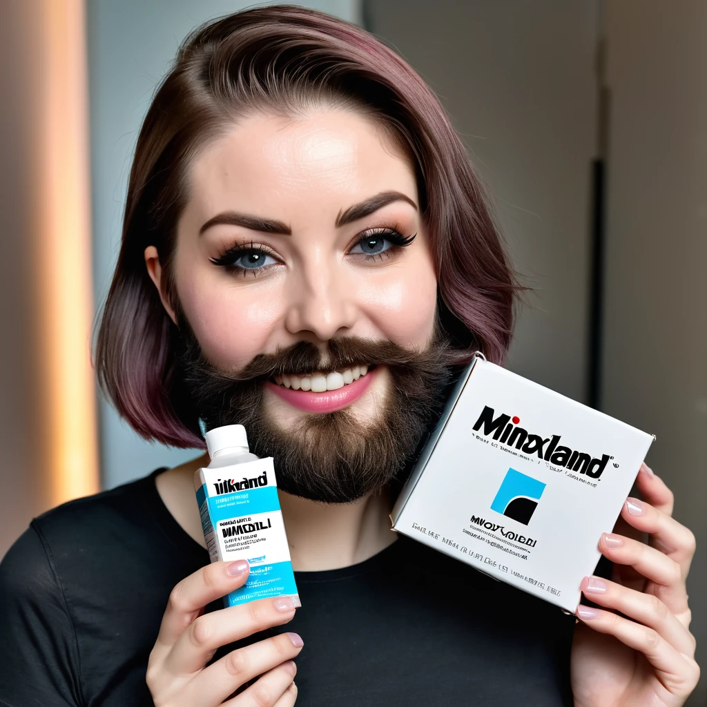 lesbian bearded woman short hair holding a box of minoxidil kirkland