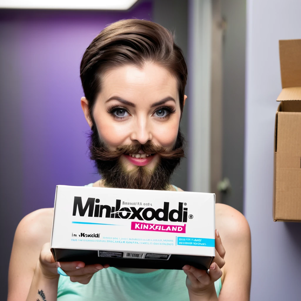 lesbian bearded woman short hair holding a box of minoxidil kirkland