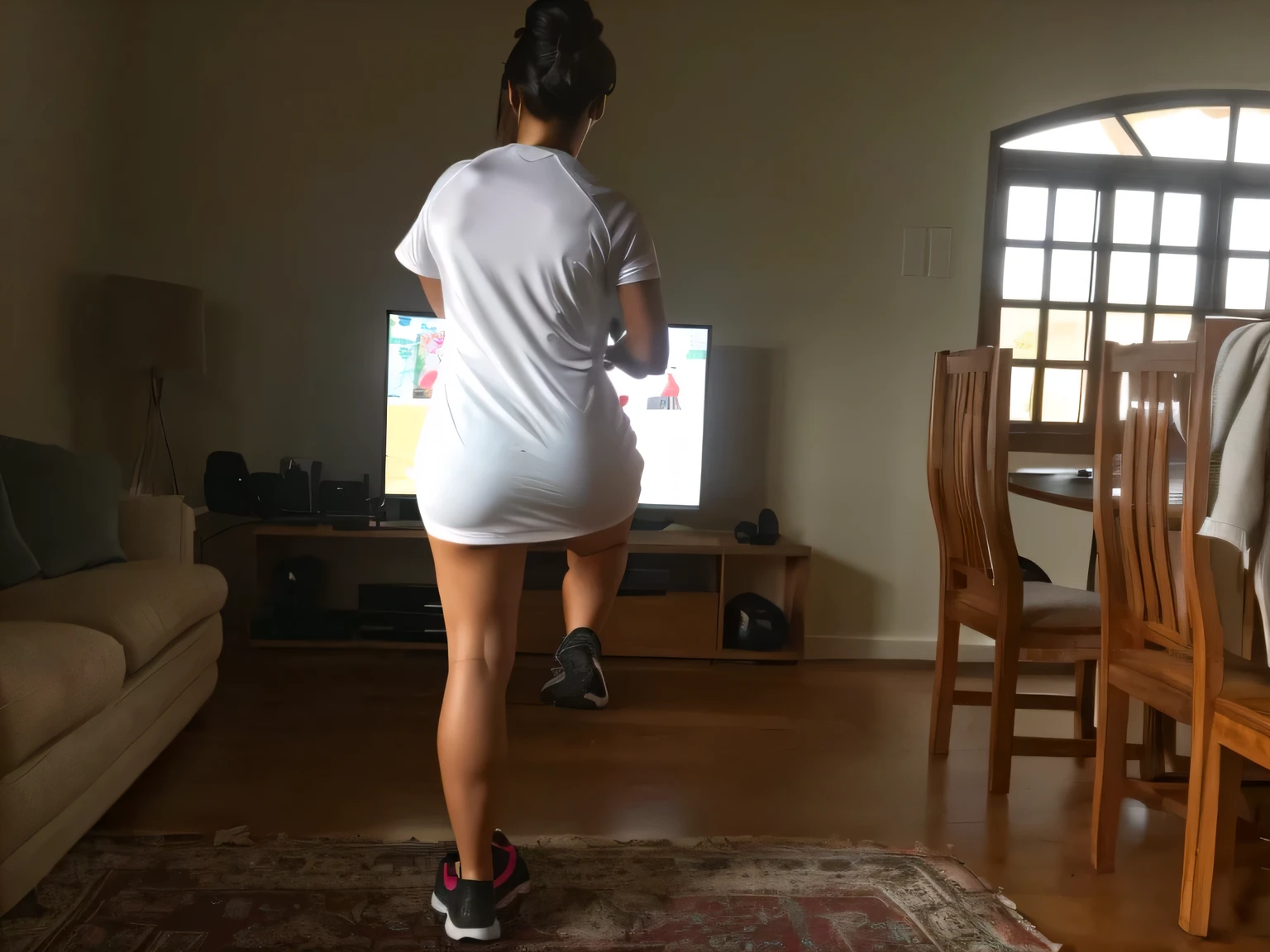 there is a woman standing in front of a television playing a video game, toned derriere, working out, from the back, view from the back, rear-shot, back view!!, from back, side view of her taking steps, backshot, back shot, long shot from the back, shot from the back, in shape, back - shot