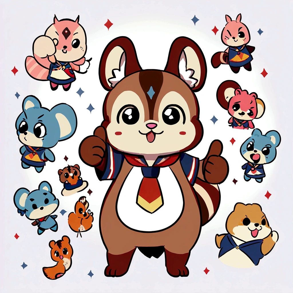 Cartoon squirrel holding plate gives thumbs up, 1024x1024, com mascot, mascot illustrations, Cute cartoon character, high school mascot,Wear clothes，white backgrounid
