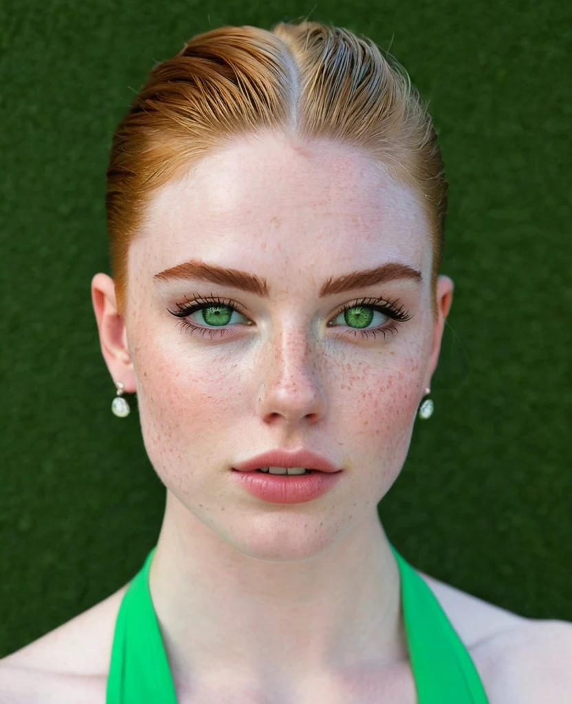 Muscular college girl, green eyes, pale skin, Freckles and an eyebrow piercing with a ((green short, slicked back men&#39;s haircut)) with a shaved head and a linen blouse in a nightclub 