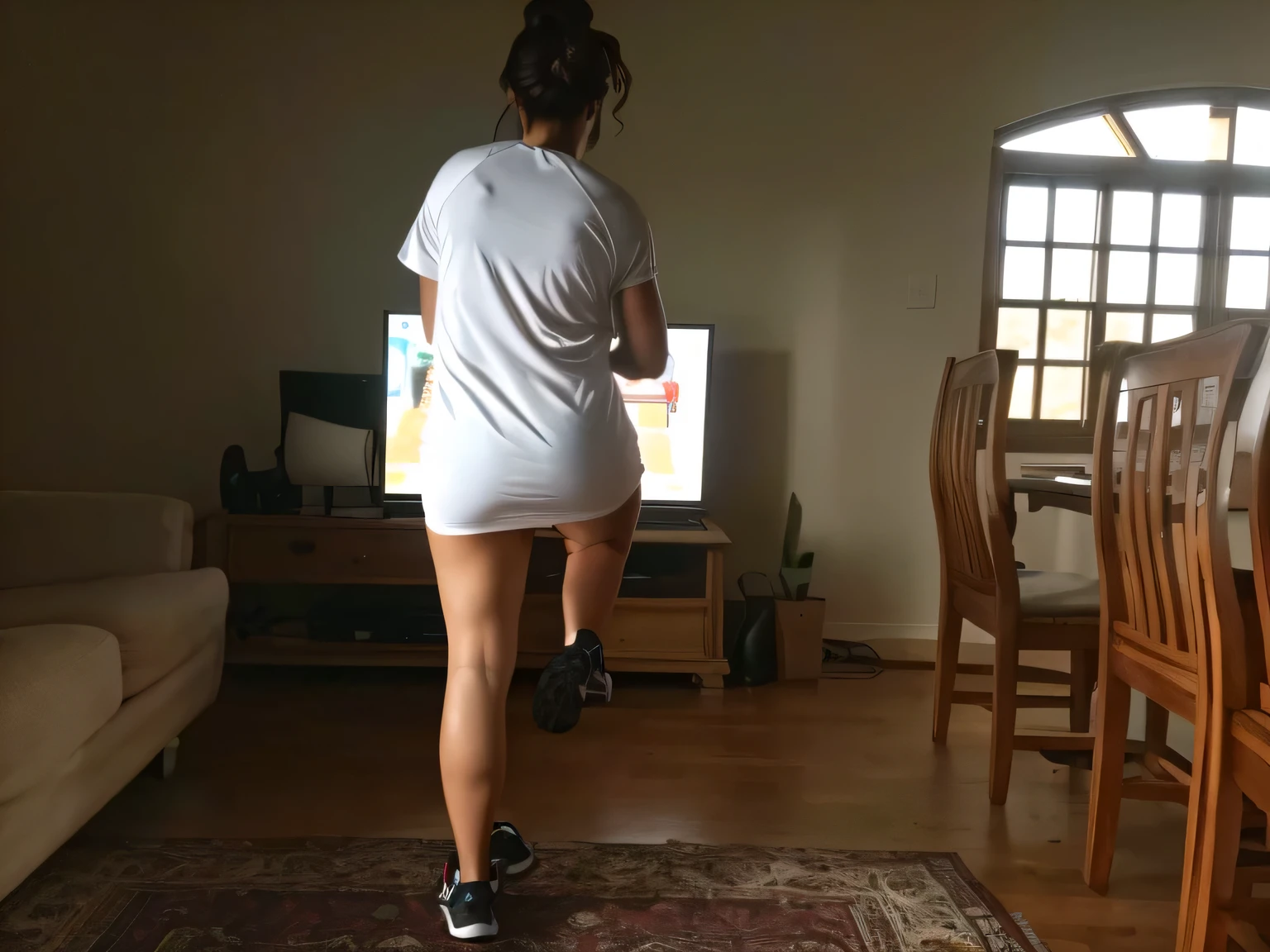 there is a woman standing in front of a television playing a video game, toned derriere, working out, from the back, view from the back, rear-shot, back view!!, from back, side view of her taking steps, backshot, back shot, long shot from the back, shot from the back, in shape, back - shot