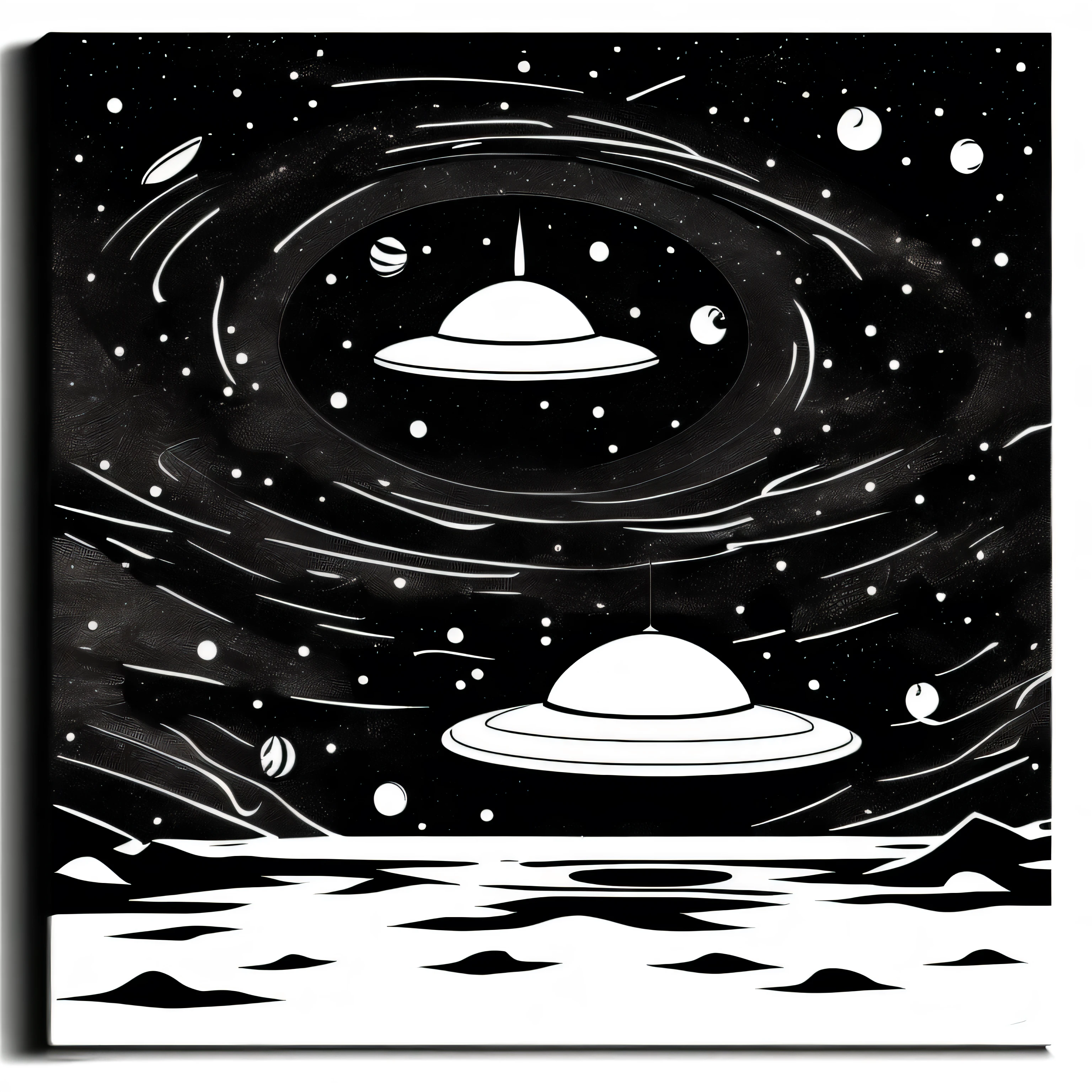Drawing of a UFO among the stars in space, black and white palette