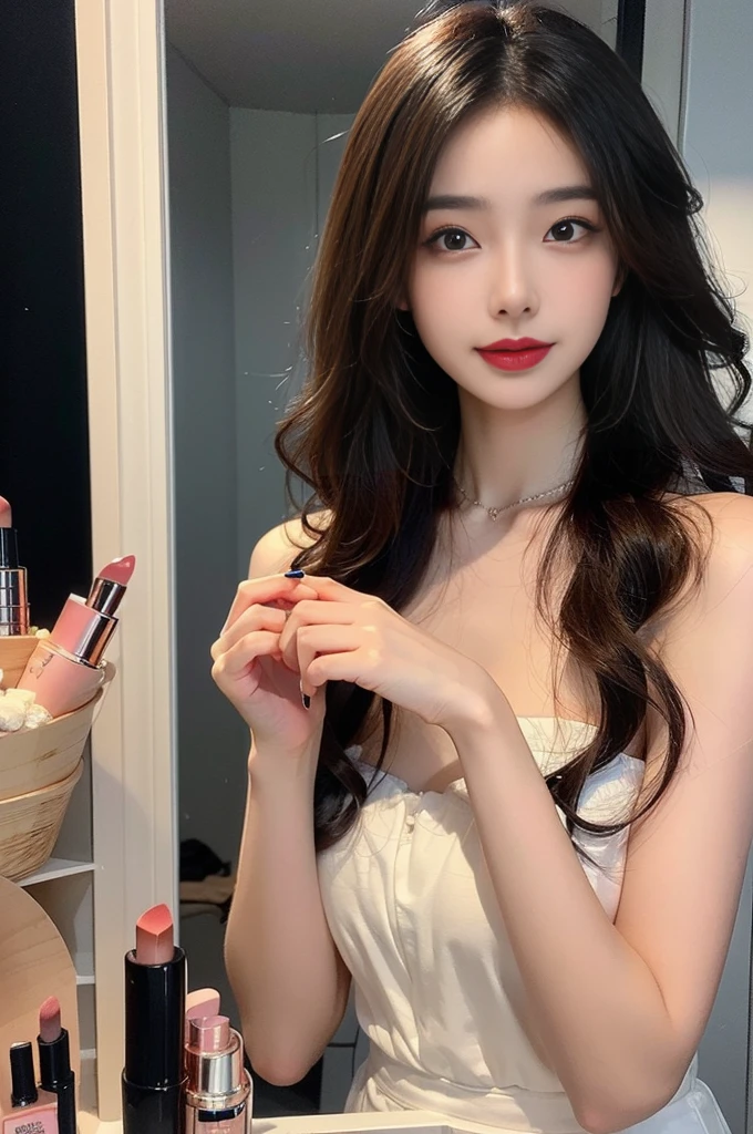 ((top quality, 8K, masterpiece: 1.3)), lens flare, full body shot, indirect lighting, (a little smile : 1.3), ((1 korean woman), (20 years old), (beauty: 1.4), slim body, slim face, realistic skin, ((curly hair : 1.3), (strapless mini dress, long legs, see-through pantyhose, choker necklace, precious metals, high heels), (Make-up room, closet, footboard, powder room), (The woman applies lipstick to her lips in a pose that faces the makeup mirror, she bend forward her upper body and puts her hips back), very detailed look, very detailed lips, detailed eyes, precise gaze, beautiful call girl, Clear eye line, abundant eyelashes, double eyelid, detailed fingers, detailed legs, natural anatomy, cosmetics pouch, flour, cosmetics, Nail art, feminine accessories