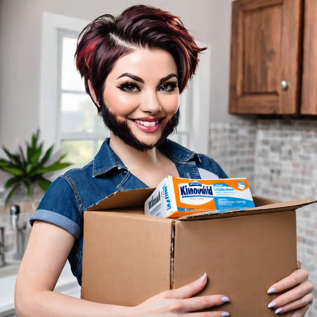 lesbian bearded woman short hair holding a box of minoxidil kirkland