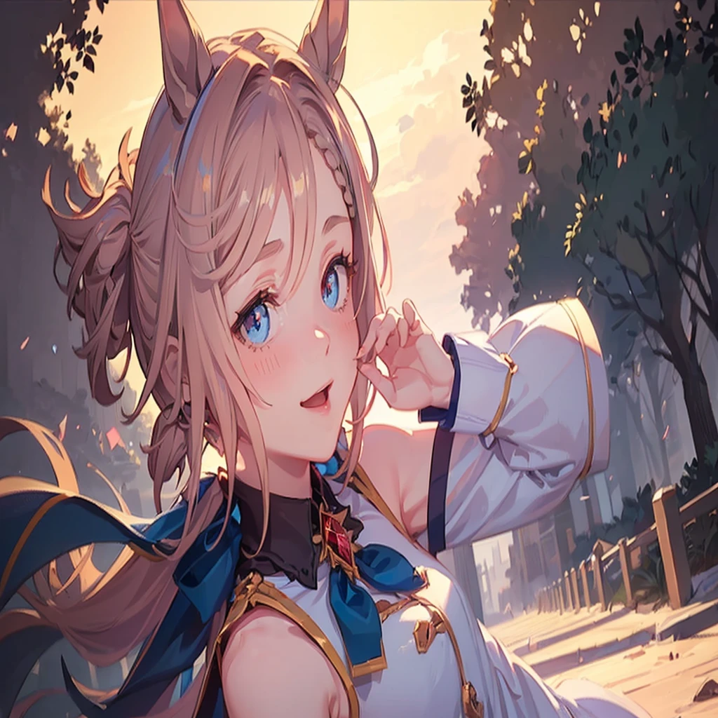 ((8K, Best Quality, masterpiece, Highly detailed)), Semi-realistic illustrations, 1girl in, ************, (Baby face), (Glowing eyes:1.2), Venus Park \(Umamusume\), (pink horse tail), (Small breasts), Beautiful face, Pink short hair, blush, Looking at Viewer, ((cute smiling)), ((in the park, A clear day, In France)), (Dynamic Angle:1.3, Face Focus:1.5), extreme close - up, (soft warm lighting)