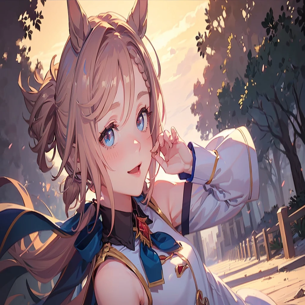 ((8K, Best Quality, masterpiece, Highly detailed)), Semi-realistic illustrations, 1girl in, ************, (Baby face), (Glowing eyes:1.2), Venus Park \(Umamusume\), (pink horse tail), (Small breasts), Beautiful face, Pink short hair, blush, Looking at Viewer, ((cute smiling)), ((in the park, A clear day, In France)), (Dynamic Angle:1.3, Face Focus:1.5), extreme close - up, (soft warm lighting)