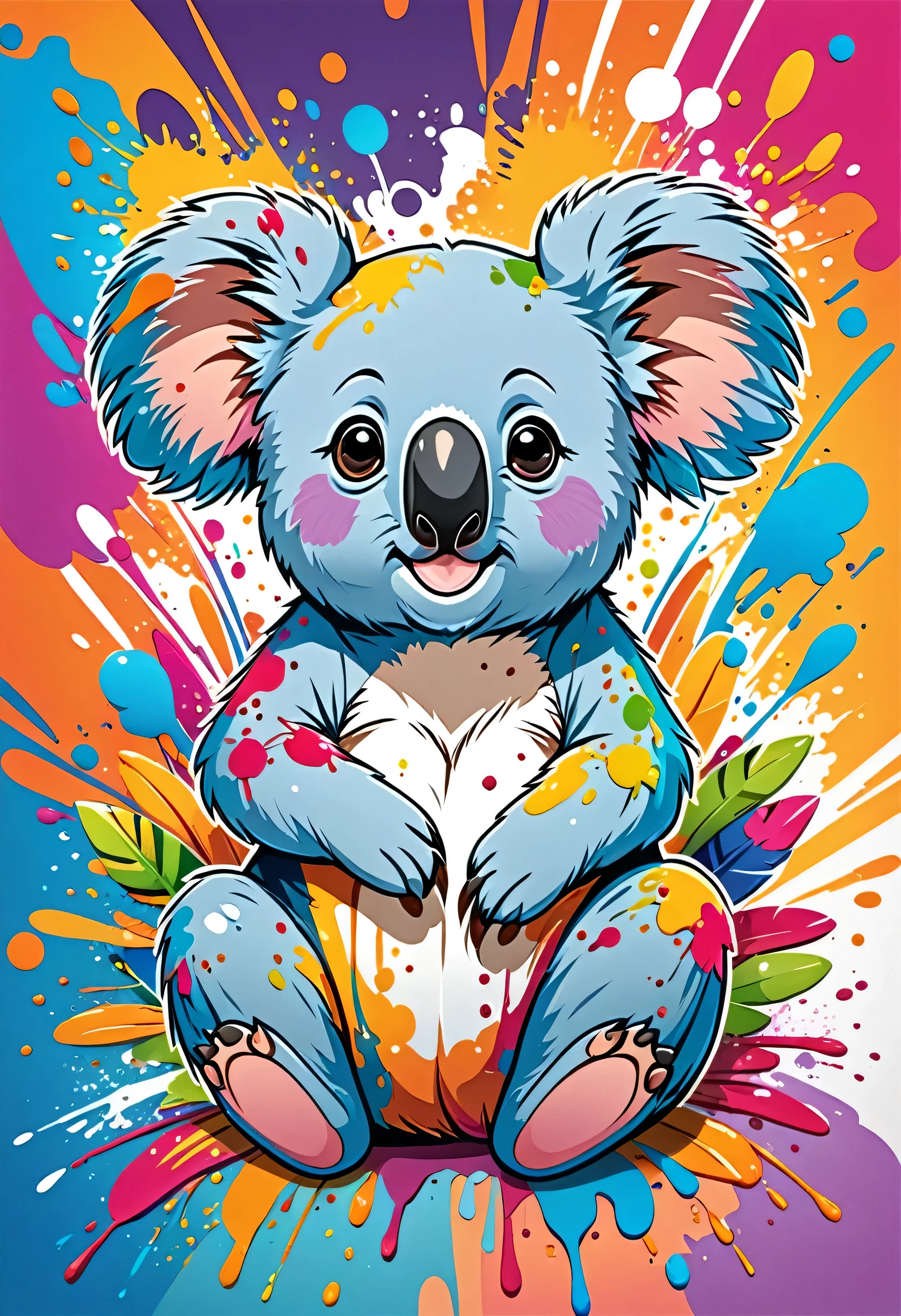 Vector Art, Colorful illustration with cartoon koala, In the center, Vibrant colors, Paint splatters and stains, High Detail, Tropical style background
