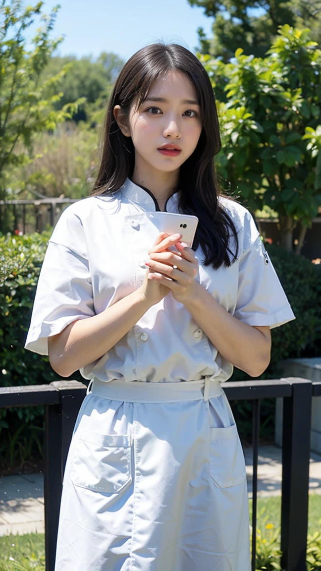 (8k、Photos brutes、la plus haute qualité、chef-d'œuvre:1.2)、(réaliste、réaliste)、Une jeune femme de 20 ans avec des cheveux bruns et des yeux clairs se tient dans un grand jardin public. Elle porte une robe verte élégante qui ondule légèrement avec la brise. Le jardin est rempli de fleurs colorées et d'arbres majestueux, créant une atmosphère paisible et pittoresque. La lumière du soleil traverse doucement les feuilles, illuminant son visage et accentuant la couleur éclatante de sa robe. Des allées de gravier serpentent à travers le jardin, avec des bancs en bois et des statues classiques éparpillés autour.
