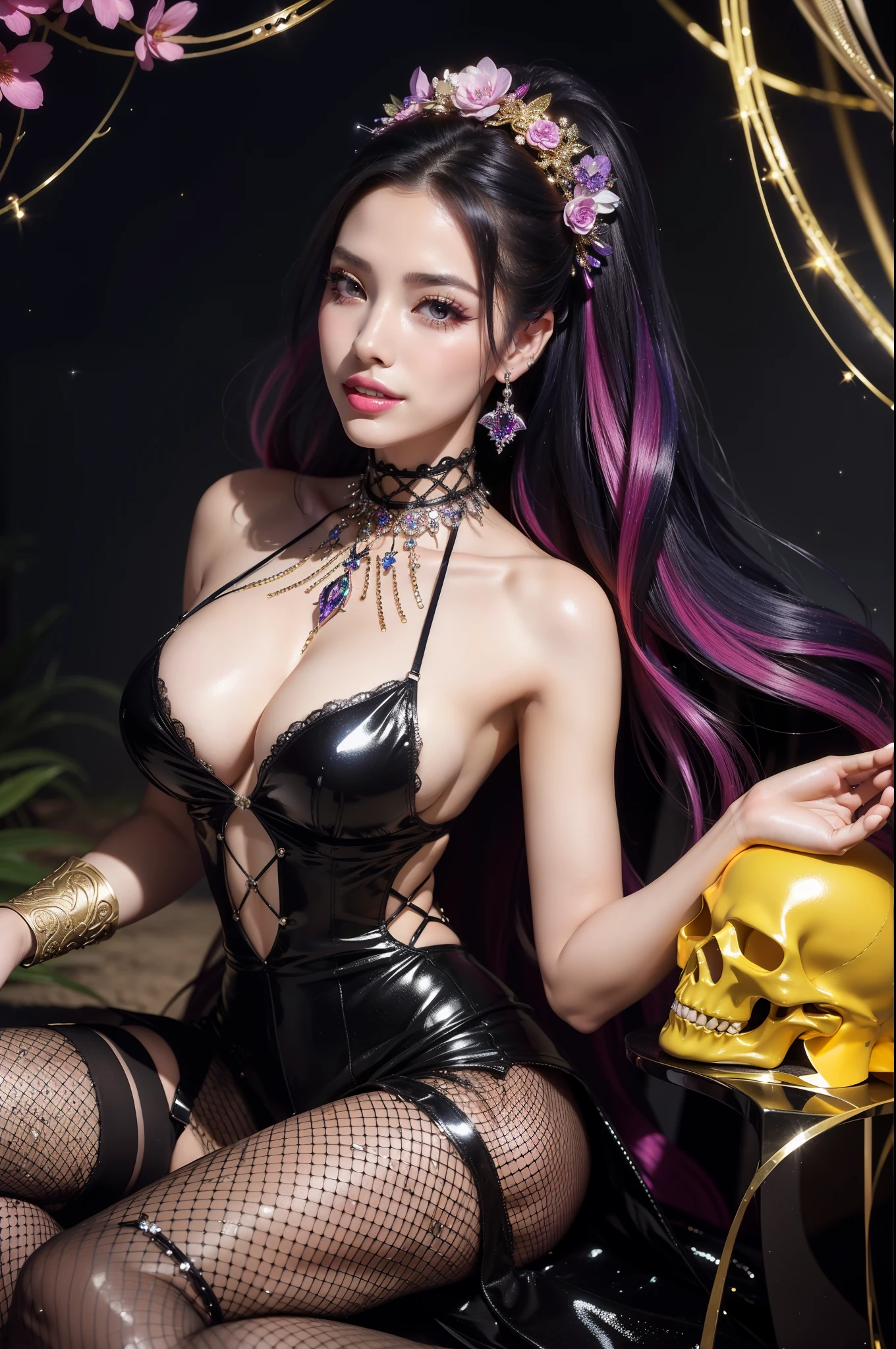 sexy Spanish model who controls poison、beautiful smile、lipgloss、long lashes、intense makeup、look at the camera、full body Esbian、、sparkling poisoned flower costume、、、、shiny sparkling multicolor hair、secrete poison、skull hair accessories、fishnet tights、shiny sparkling dark magic forest background