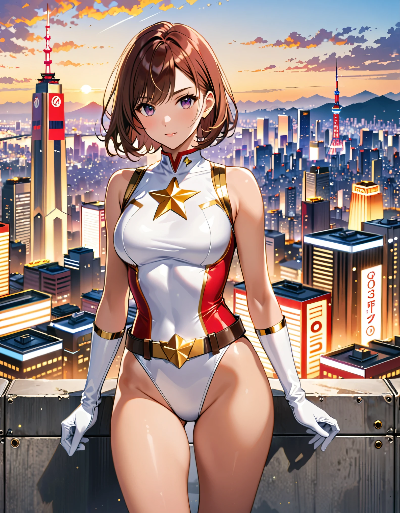 (masterpiece), (best quality), (high res), medium breasts, ((leotard, white and red leotard, matching leotard, sleeveless, bare legs)), ((tight belt, gold belt)), ((boots, matching boots, ankle-high boots, white boots)), ((gloves, white gloves)), city backdrop, tokyo city backdrop, solo, solo focus, standing, (full body), cowboy shot, superhero, ((beautiful detailed eyes)), ((gold star symbol on chest)), (brown hair, medium hair, bob hair, purple eyes), (perfect hands, perfect anatomy), cowboy shot, superhero, ((beautiful detailed eyes)), full body costume design.