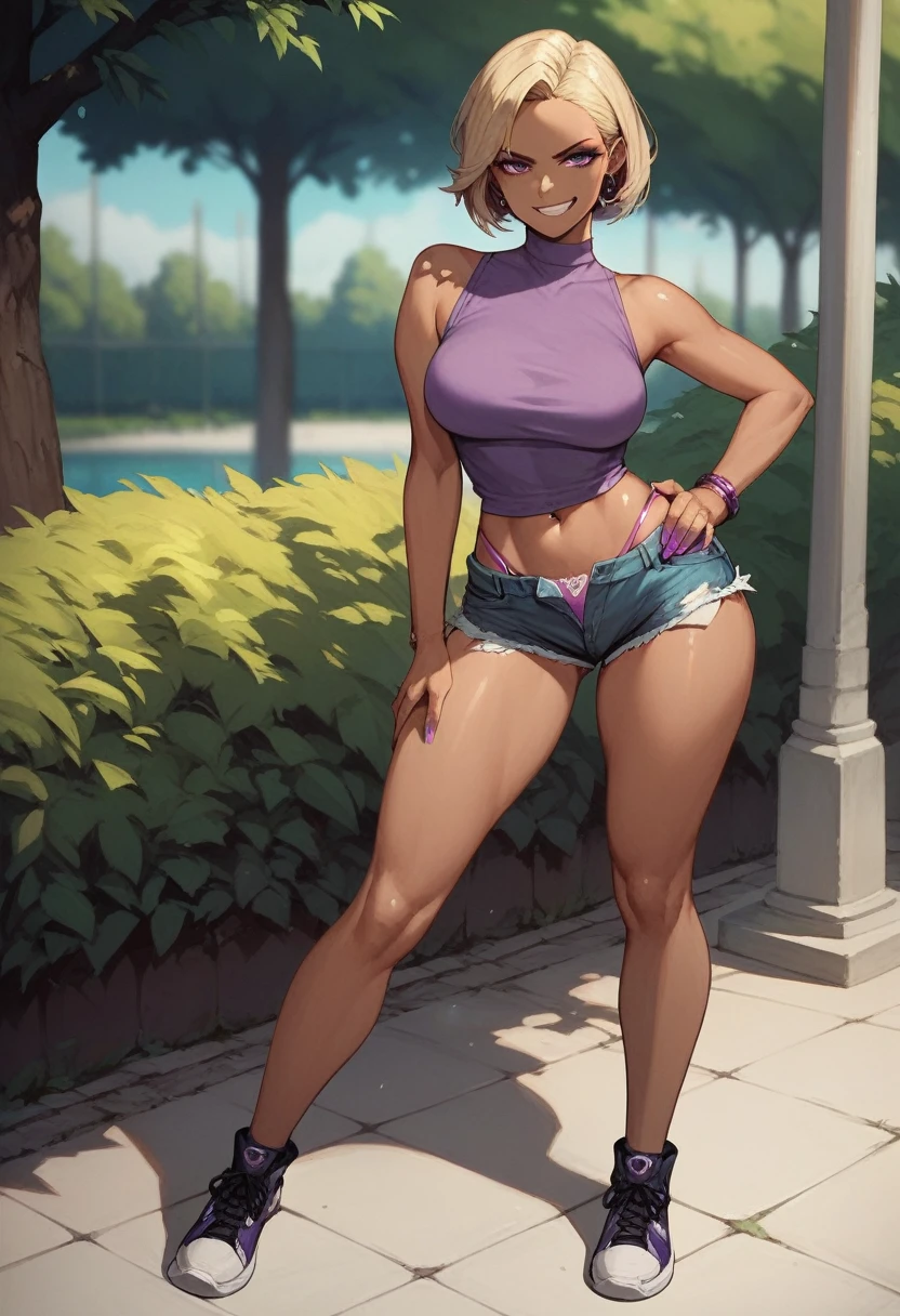 ((High Quality image 10k)) (( perfect autonomy)) Masterpiece, Solo girl, dark tan skin, blonde hair purple eyes, evil smug grin, wearing purple sleeveless shirt, blue jean shorts, shorts coming off, cute panties, beautiful legs, full body, Standing, in the park 