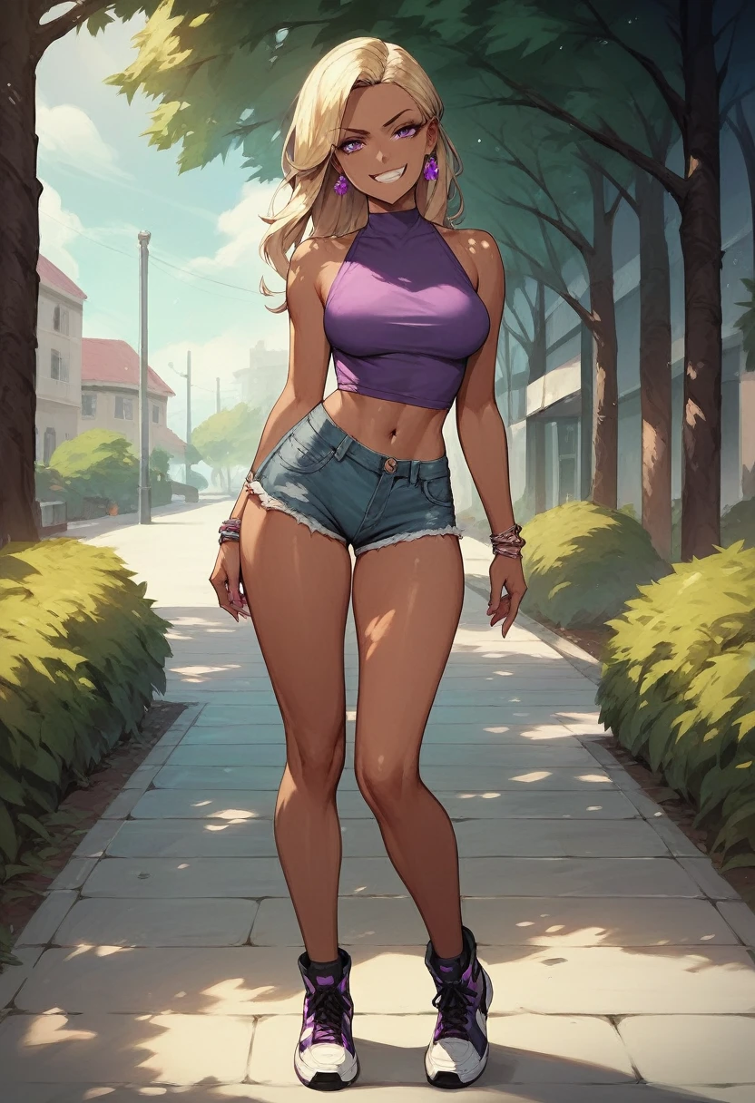 ((High Quality image 10k)) (( perfect autonomy)) Masterpiece, Solo girl, dark tan skin, blonde hair purple eyes, evil smug grin, wearing purple sleeveless shirt, blue jean shorts, shorts coming off, cute panties, beautiful legs, full body, Standing, in the park