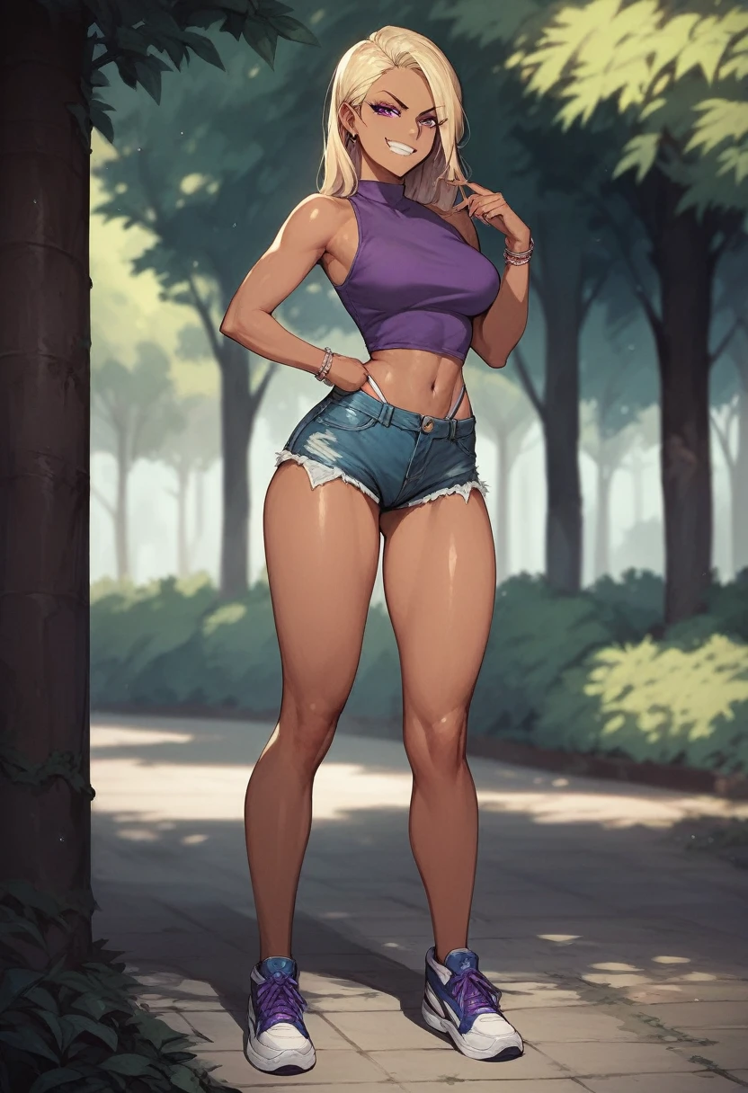 ((High Quality image 10k)) (( perfect autonomy)) Masterpiece, Solo girl, dark tan skin, blonde hair purple eyes, evil smug grin, wearing purple sleeveless shirt, blue jean shorts, shorts coming off, cute panties, beautiful legs, full body, Standing, in the park 