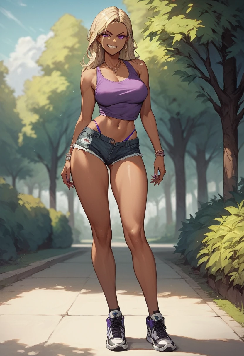 ((High Quality image 10k)) (( perfect autonomy)) Masterpiece, Solo girl, dark tan skin, blonde hair purple eyes, evil smug grin, wearing purple sleeveless shirt, blue jean shorts, shorts coming off, cute panties, beautiful legs, full body, Standing, in the park