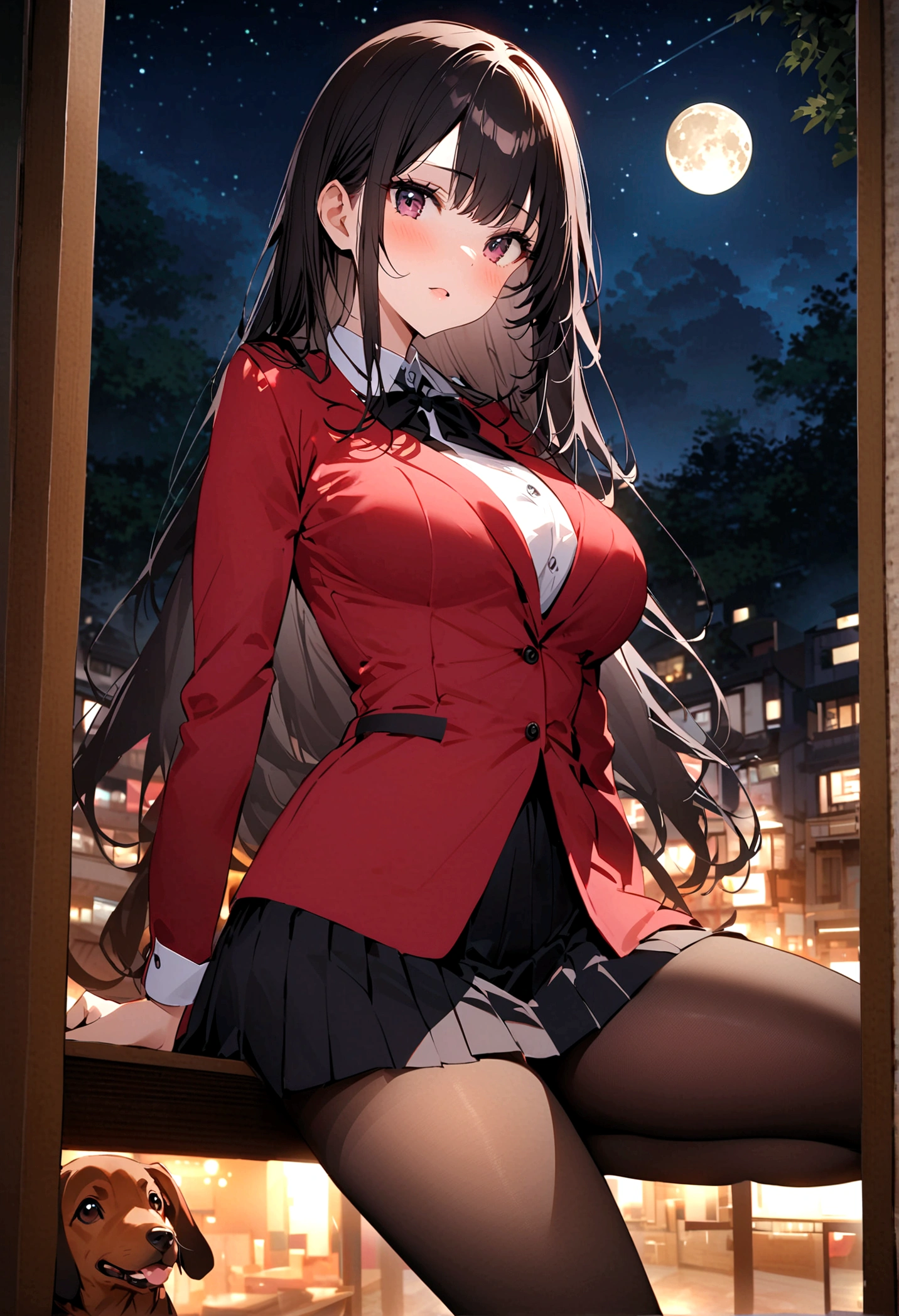 Dog 1、Woman 1、Red miniature dachshund、Red miniature dachshund long hair、dog'color is red、woman with very long black hair、Busty women、Spectacular views、Night Scene、The view from the top of the hill、Full moon night sky、swirling starry sky、8K、Best Quality、詳しいdogの顔、The woman is facing the opposite direction、Ria、I can't see a woman's face、The whole body is in the photo、Like the night view of Tokyo、The woman is wearing a miniskirt and her crotch is visible.、Pantyhose legs