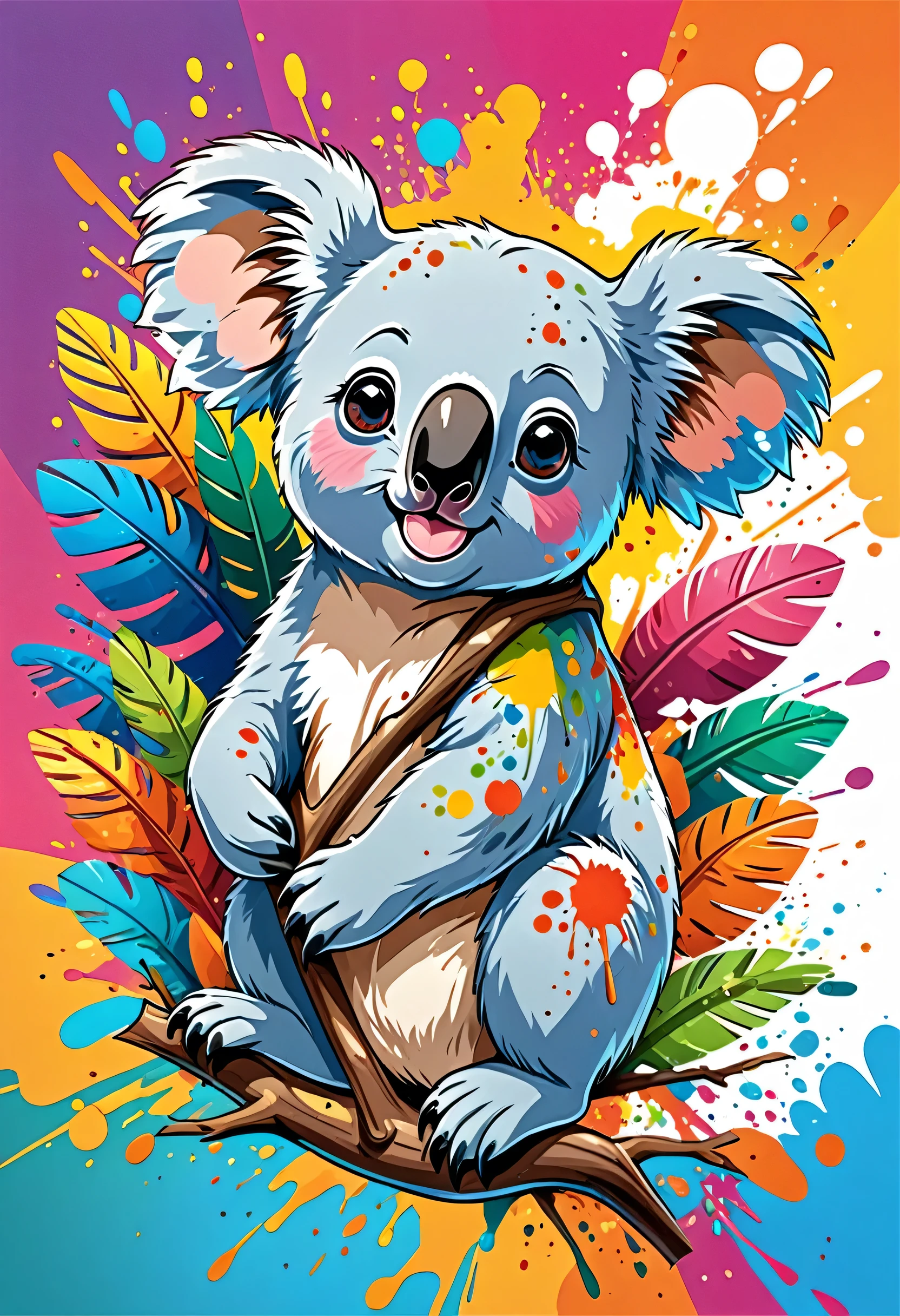 Vector Art, Colorful illustration with cartoon koala, In the center, Vibrant colors, Paint splatters and stains, High Detail, Tropical style background