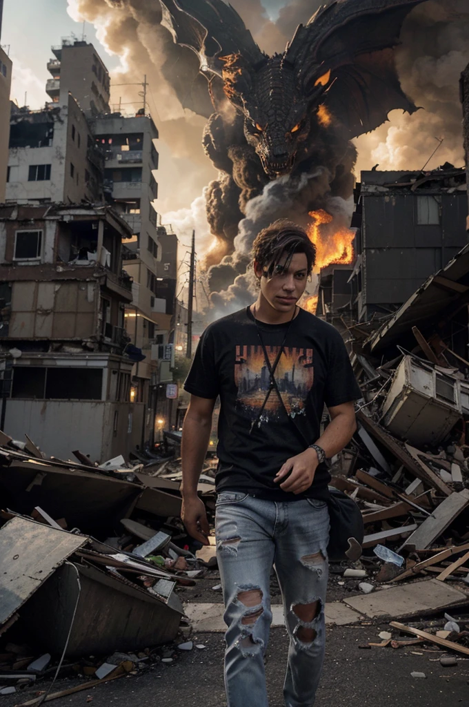 A photo of a person taking a selfie in the middle of a chaotic city view. The person seemed unaware or unaffected by the giant dragon-like creature lurking behind him. The creature has glowing red eyes and appears to cause destruction, with fire and debris around it. The person was dressed casually in a gray t-shirt and ripped jeans, holding his cell phone in one hand and carrying a vintage boombox on the other shoulder. The background depicts a cityscape with partially collapsed buildings and smoke billowing from explosions, hinting at an ongoing disaster or attack.